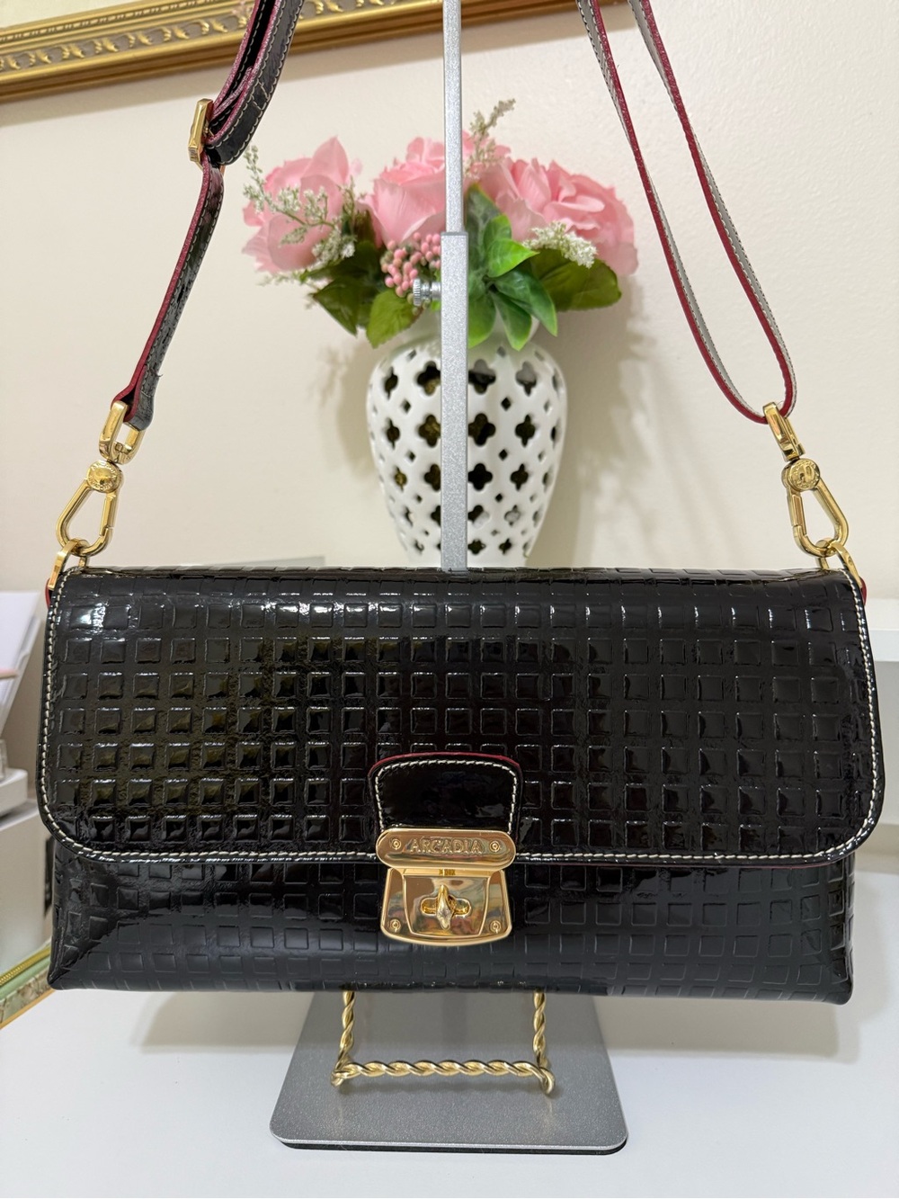 Arcadia Black Patent Crossbody Bag with Gold Hardware and Red Trim